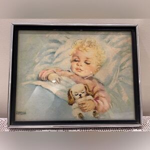 Vintage glass framed print of baby holding a puppy || Florence Kroger art ||